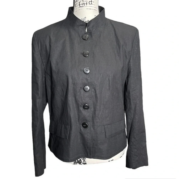 Chadwicks Gray Linen Blend Blazer Jacket Military Inspired Size 16 P Womens - Picture 1 of 5